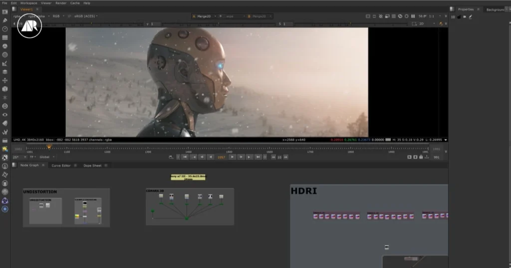 Ejemplo de composición VFX en Nuke con integración de elementos
